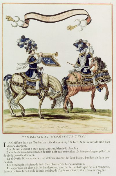Türkischer Trommler und Trompeter, Teil des Karussells, das von Ludwig XIV. am 5. Juni 1662 vor den Tuilerien gegeben wurde von French School